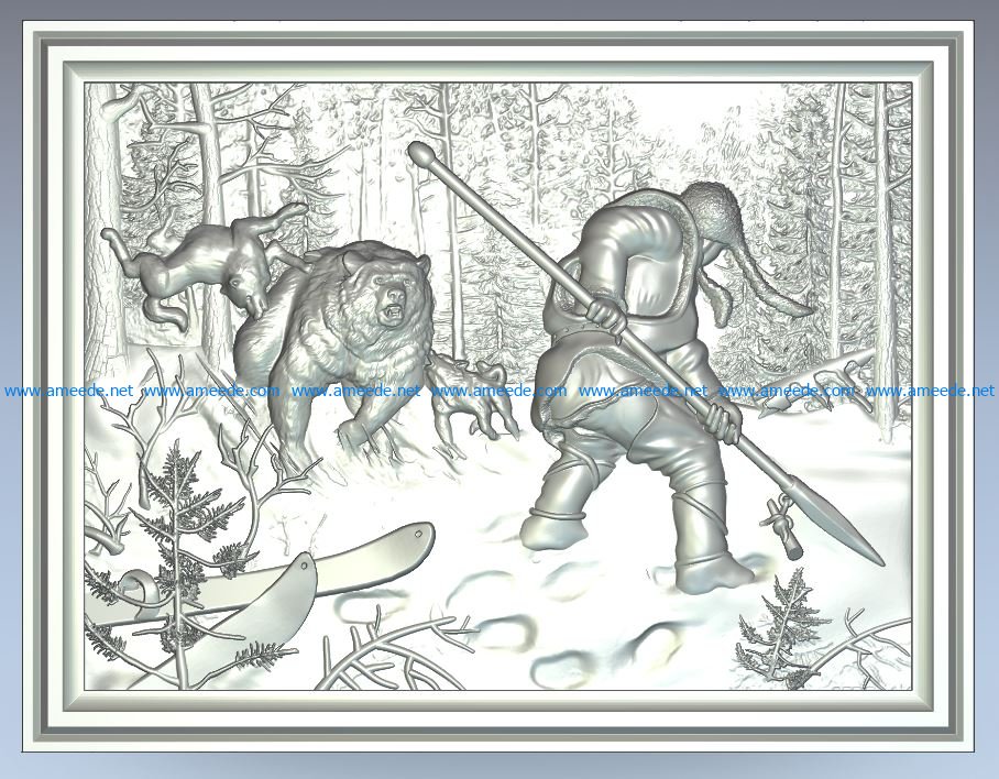 Bear hunt wood carving file stl for Artcam and Aspire jdpaint free vector art 3d model download for CNC