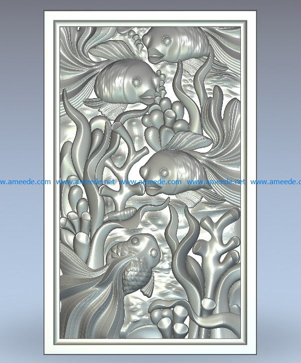 Panel underwater world goldfish picture wood carving file stl for Artcam and Aspire jdpaint free vector art 3d model download for CNC