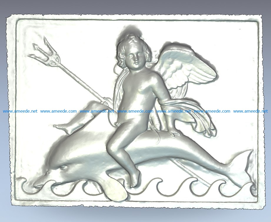 Pano Cupid in the sea wood carving file stl for Artcam and Aspire jdpaint free vector art 3d model download for CNC