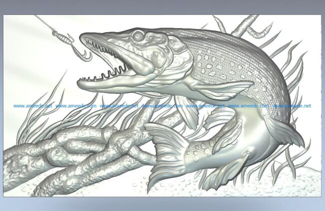 Pike fish file RLF for Artcam 9 and Aspire free vector art 3d model download for CNC wood carving