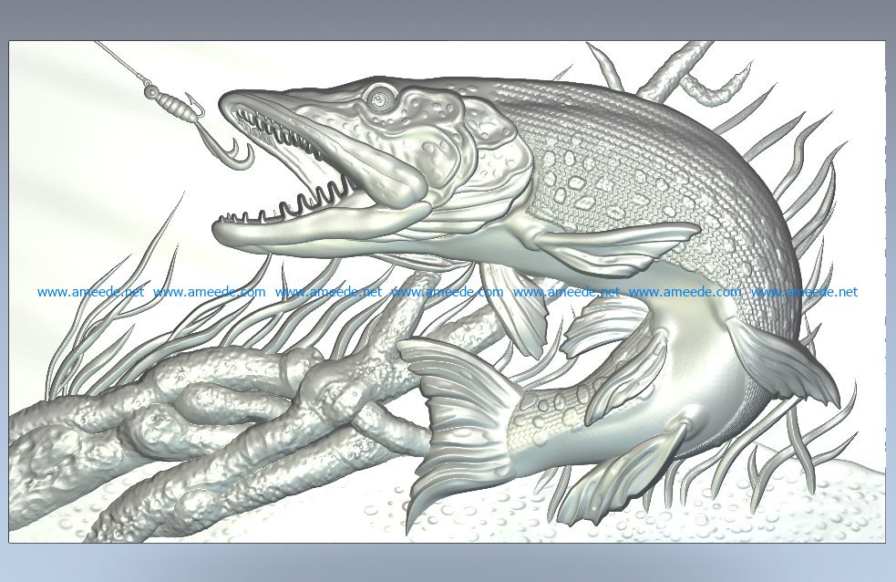 Pike fish file RLF for Artcam 9 and Aspire free vector art 3d model download for CNC wood carving