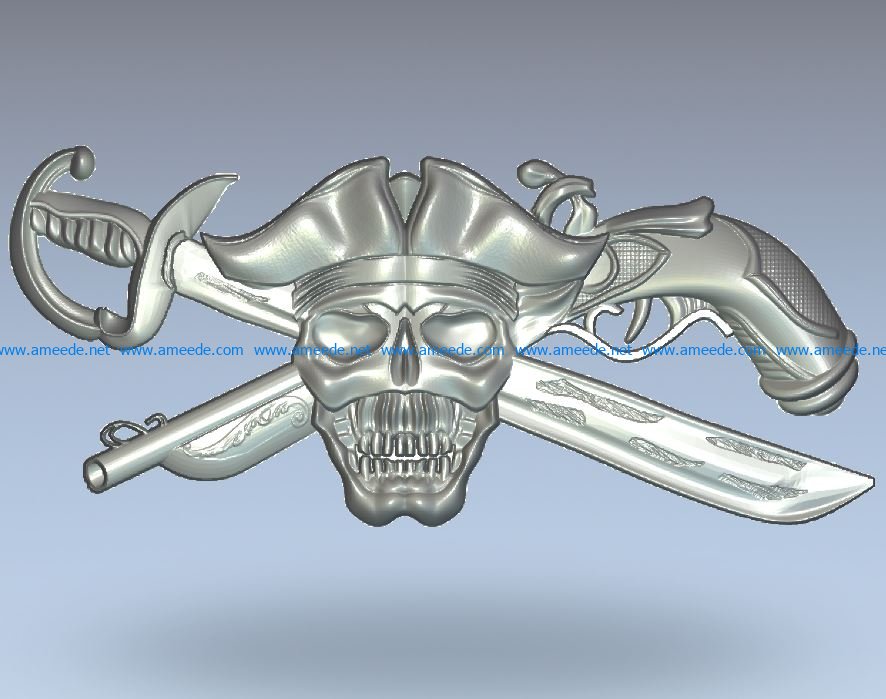 Pirate Skull with Bones head wood carving file stl for Artcam and Aspire jdpaint free vector art 3d model download for CNC
