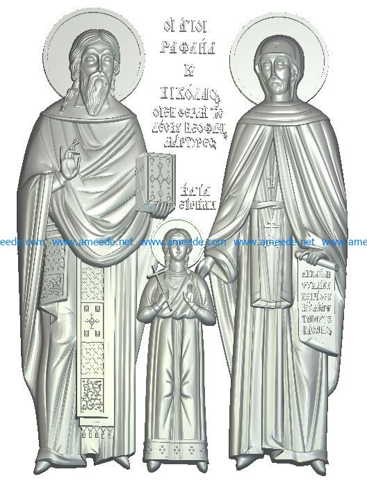 St. martyrs Raphael, Nikolai and Irina wood carving file RLF for Artcam 9 and Aspire free vector art 3d model download for CNC