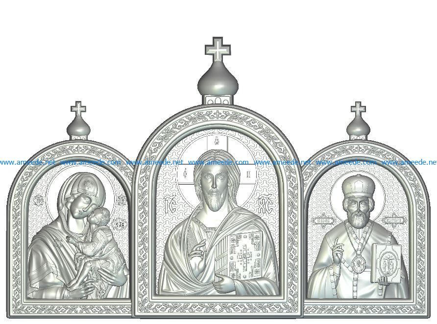 triptych Mother of God, Jesus, Nicolas file RLF for Artcam 9 and Aspire free vector art 3d model download for wood carving CNC