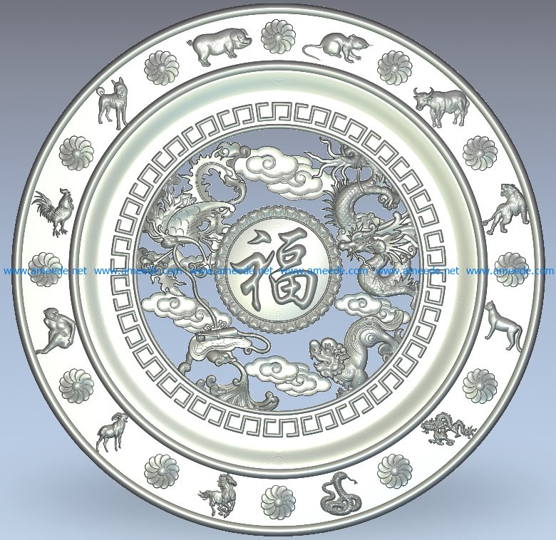 A round phoenix dragon phoenix image wood carving file stl for Artcam and Aspire jdpaint free vector art 3d model download for CNC