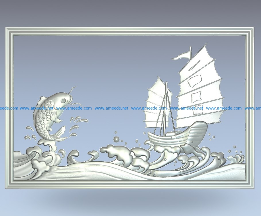 Carp fishing boat wood carving file stl for Artcam and Aspire jdpaint free vector art 3d model download for CNC