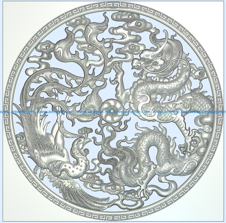 Dragon and phoenix picture round wood carving file stl for Artcam and Aspire jdpaint free vector art 3d model download for CNC