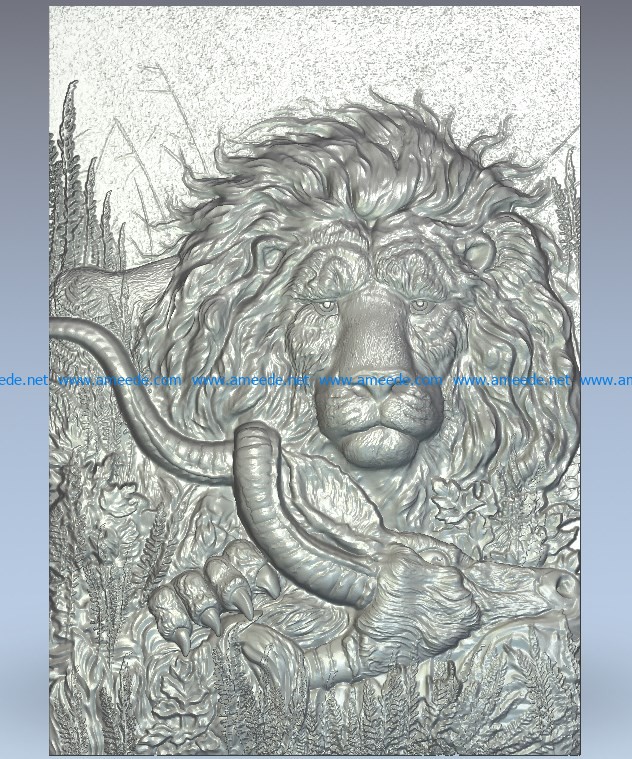 Lion hunting deer picture wood carving file stl for Artcam and Aspire jdpaint free vector art 3d model download for CNC