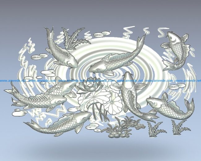 Mural of fish and lotus wood carving file stl for Artcam and Aspire jdpaint free vector art 3d model download for CNC