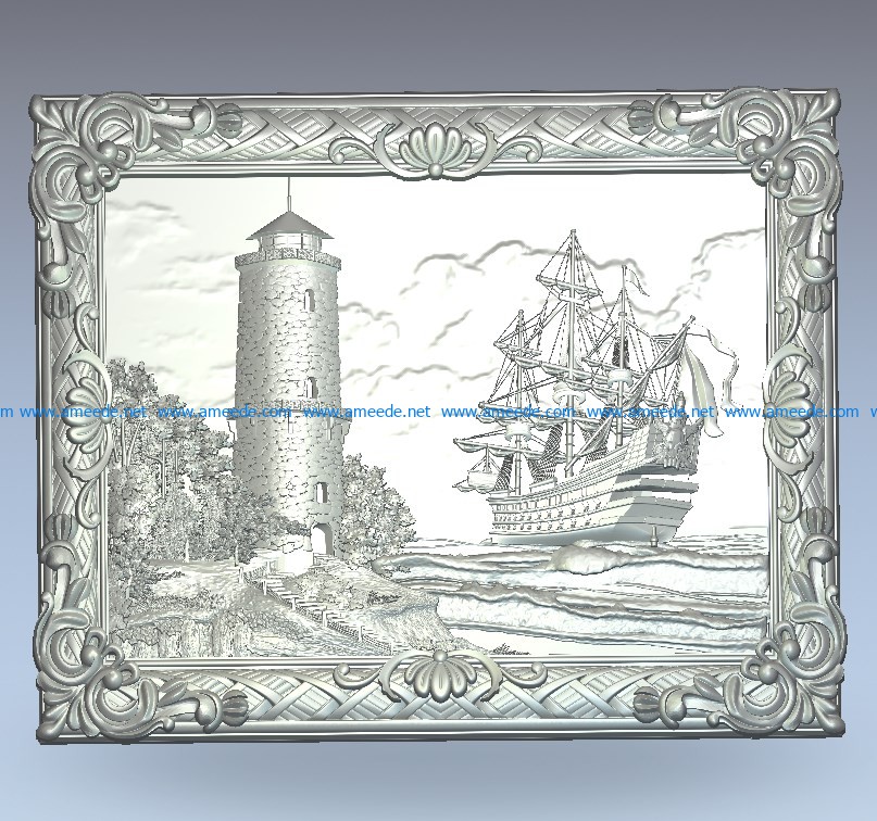 Painting of a ship and a lighthouse wood carving file stl for Artcam and Aspire jdpaint free vector art 3d model download for CNC
