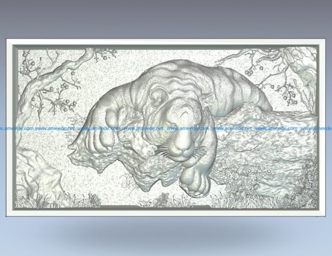Painting of a tiger playing with bait wood carving file stl for Artcam and Aspire jdpaint free vector art 3d model download for CNC