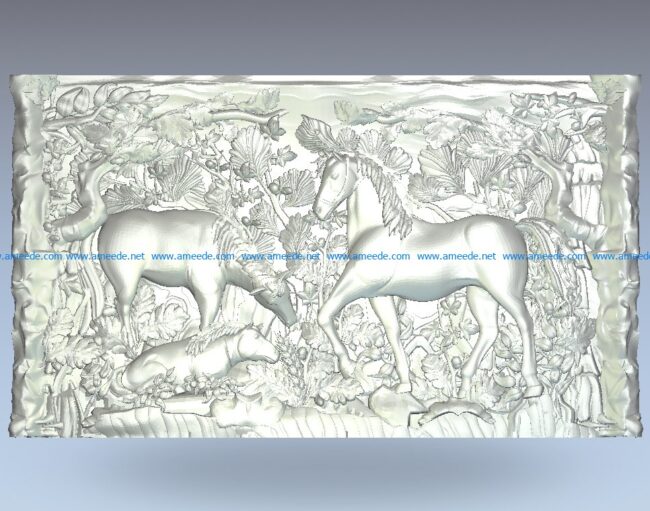 Painting of horses in the forest wood carving file stl for Artcam and Aspire jdpaint free vector art 3d model download for CNC