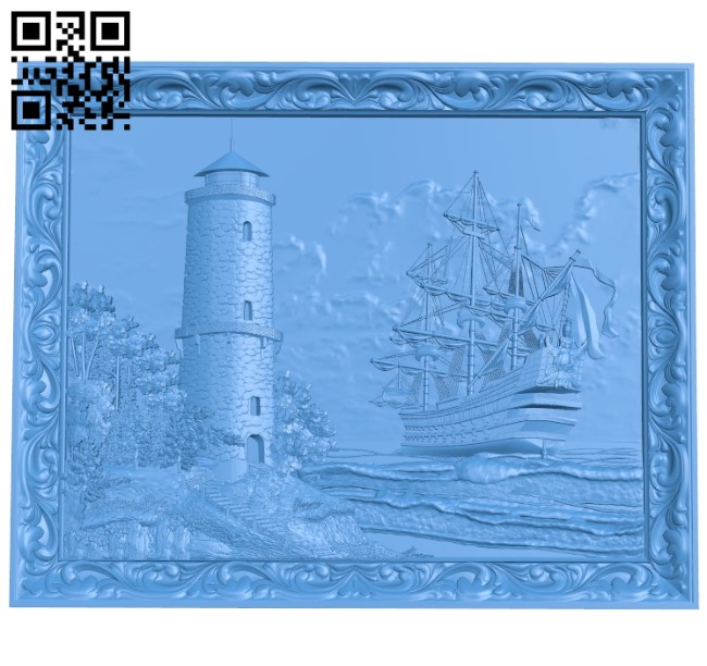 Panel lighthouse with a ship wood carving file stl for Artcam and Aspire jdpaint free vector art 3d model download for CNC