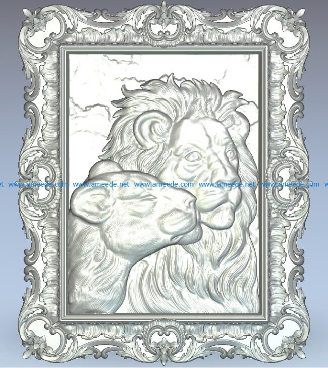 Panel lion and lioness wood carving file stl for Artcam and Aspire jdpaint free vector art 3d model download for CNC