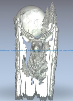 Picture of a deer head under the moon wood carving file stl for Artcam and Aspire jdpaint free vector art 3d model download for CNC