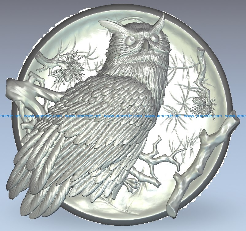 Picture of an owl bird at night wood carving file stl for Artcam and Aspire jdpaint free vector art 3d model download for CNC