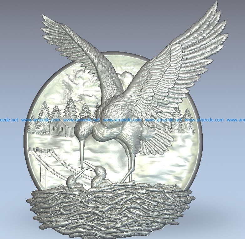 Picture of the mother egret feeding the baby wood carving file stl for Artcam and Aspire jdpaint free vector art 3d model download for CNC