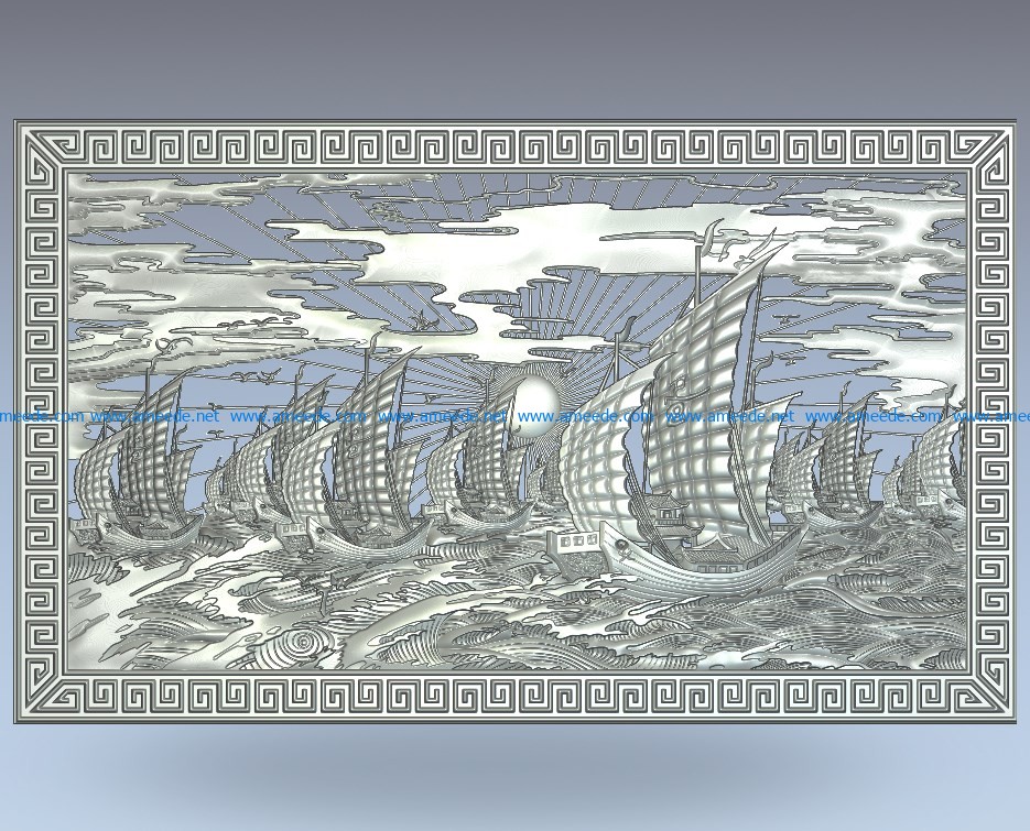 The boat departs at sunrise wood carving file stl for Artcam and Aspire jdpaint free vector art 3d model download for CNC
