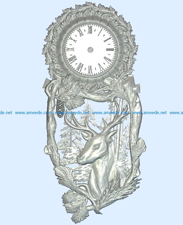 The clock has a deer in the pine forest wood carving file stl for Artcam and Aspire jdpaint free vector art 3d model download for CNC