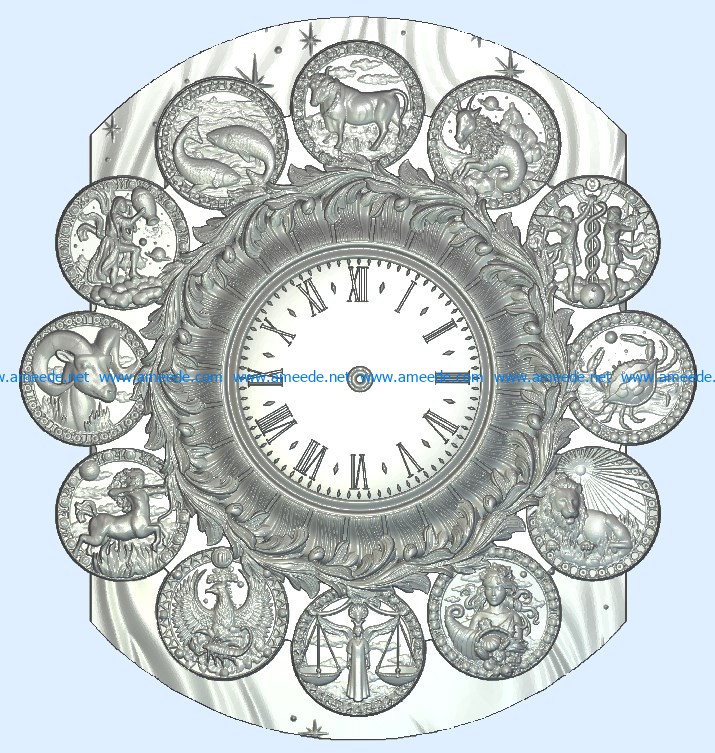 The clock shows the twelve signs of the zodiac wood carving file stl for Artcam and Aspire jdpaint free vector art 3d model download for CNC