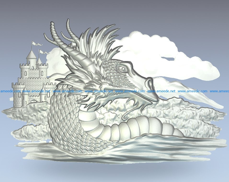 The dragon is in front of the fort wood carving file stl for Artcam and Aspire jdpaint free vector art 3d model download for CNC