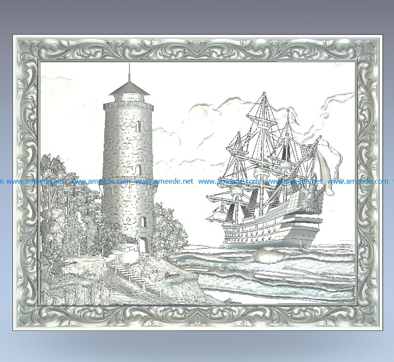 The ship and the beacon had a border wood carving file stl for Artcam and Aspire jdpaint free vector art 3d model download for CNC