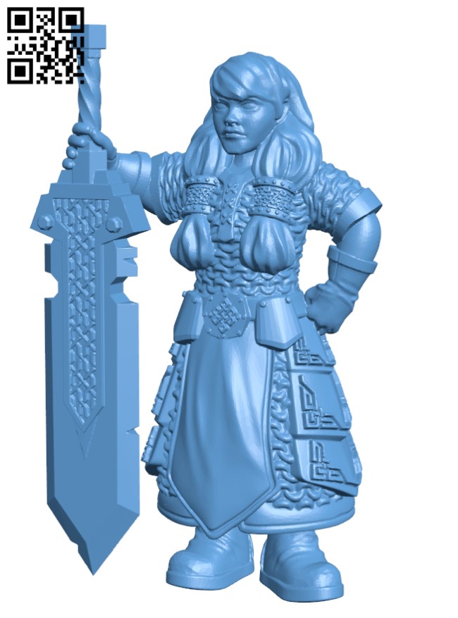 Dwarf warrior girl with great sword H002496 file stl free download 3D Model for CNC and 3d printer